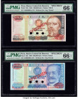 Peru Banco Central de Reserva 100,000; 500,000 Intis 1988 Pick 144s; 146s Two Specimen PMG Gem Uncirculated 66 EPQ (2). Red Specimen & TDLR overprints...