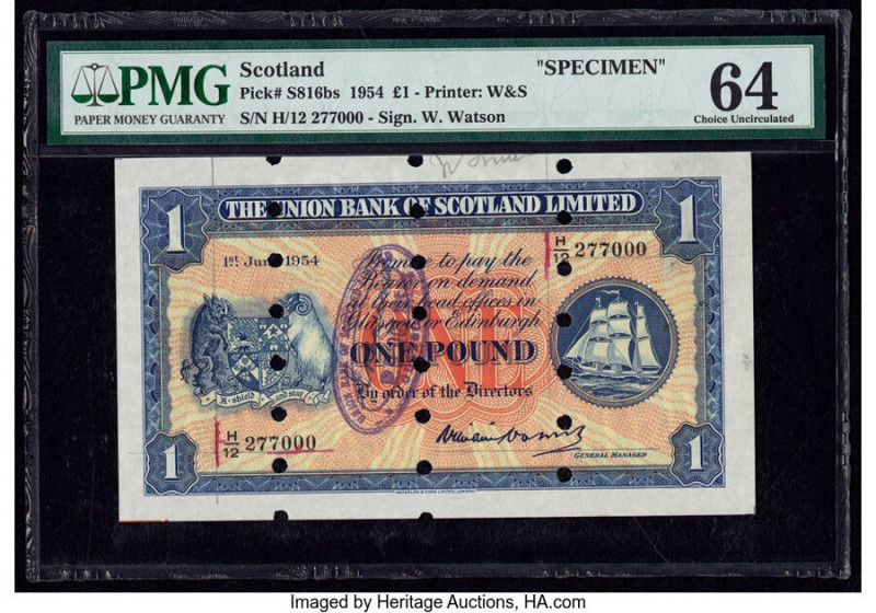 Scotland Union Bank of Scotland Ltd. 1 Pound 1954 Pick S816bs Specimen PMG Choic...