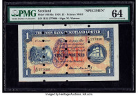 Scotland Union Bank of Scotland Ltd. 1 Pound 1954 Pick S816bs Specimen PMG Choice Uncirculated 64. Printer's annotations, previous mounting and 23 POC...