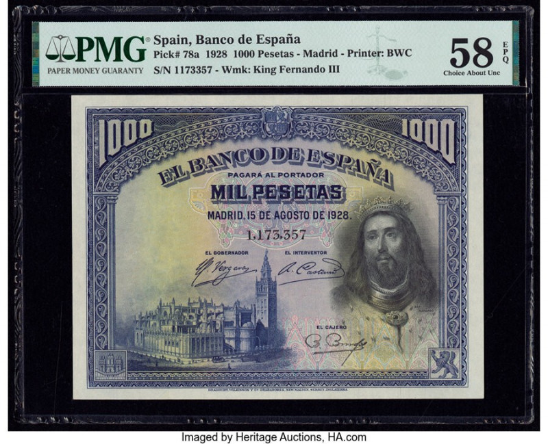 Spain Banco de Espana 1000 Pesetas 15.8.1928 Pick 78a PMG Choice About Unc 58 EP...