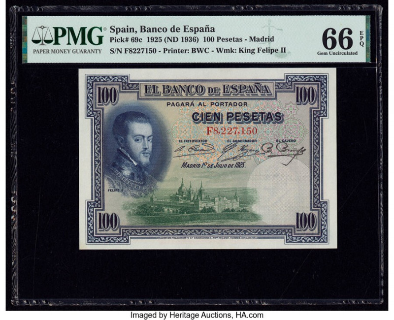 Spain Banco de Espana 100 Pesetas 1.7.1925 (ND 1936) Pick 69c PMG Gem Uncirculat...