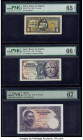 Spain Banco de Espana 1; 5; 25 Peseta 4.9.1940; 12.4.1947; 22.7.1954 Pick 122a; 134a; 147a Three Examples PMG Gem Uncirculated 65 EPQ; Gem Uncirculate...