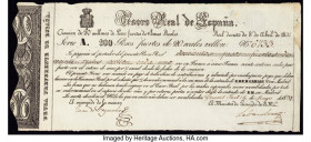 Spain Tesoro Real de Espana 200 Pesos Fuertes de 20 Reales Vellon 15.5.1839 Pick Unlisted Choice Uncirculated. Small tear and stain on the right margi...