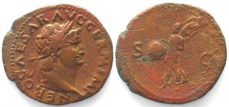 NERO. AE As 66 AD Lugdunum (Lyon), Victory, XF/VF+!
RIC 312. Weight: 10.7g.