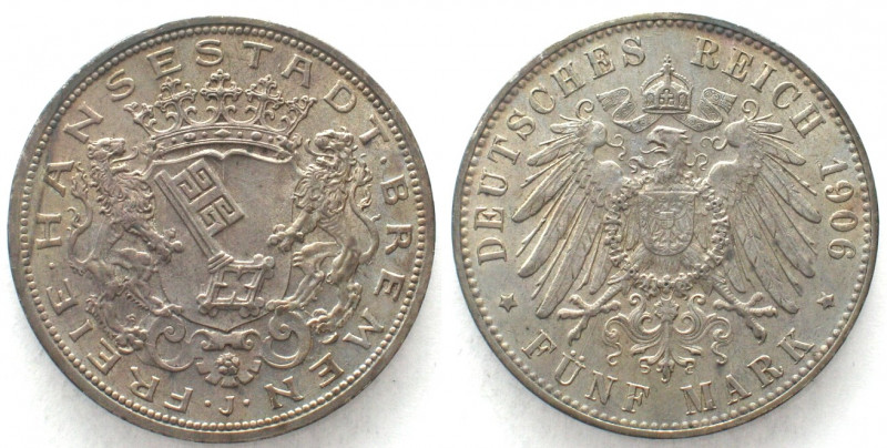 GERMANY. Empire, Bremen 5 Mark 1906 J, silver, AU!
Jaeger 60.