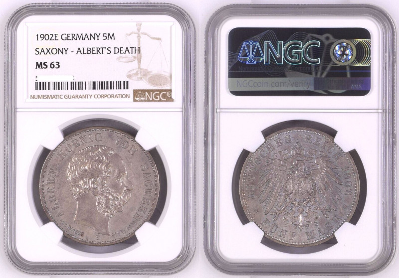GERMANY. Empire, Saxony 5 Mark 1902 E, Albert, silver, NGC MS 63
Jaeger 128, KM...