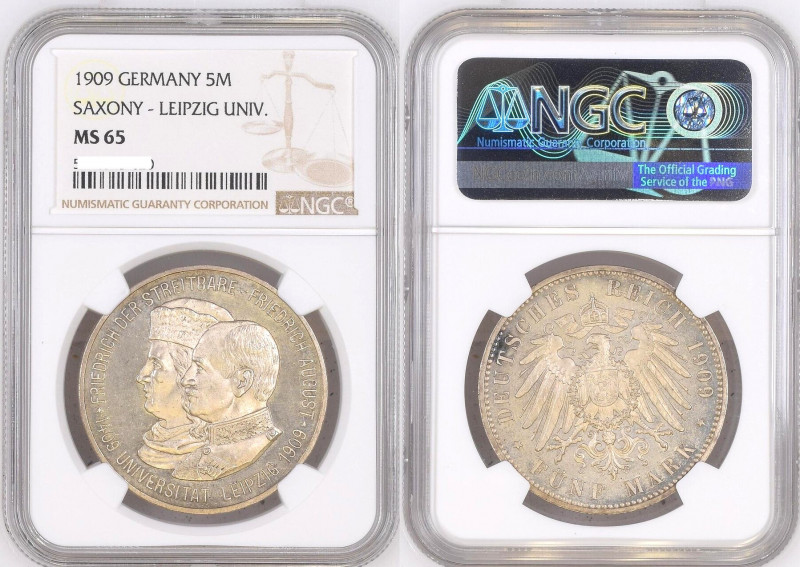 GERMANY. Empire, Saxony 5 Mark 1909, University of Leipzig, silver, NGC MS 65
J...