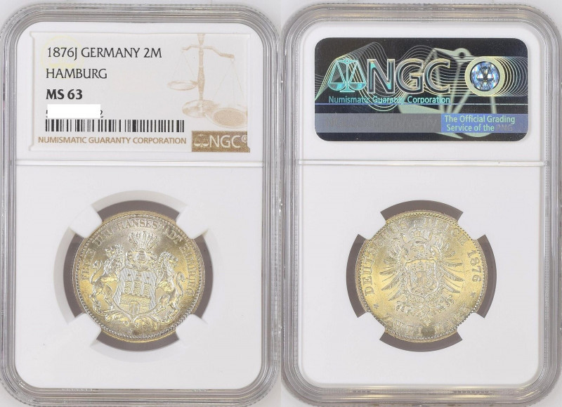 GERMANY. Empire. Hamburg, 2 Mark 1876 J, silver, NGC MS 63
Jaeger 61, KM # 604.