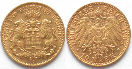 GERMANY. Empire. Hamburg, 10 Mark 1908 J, gold, AU