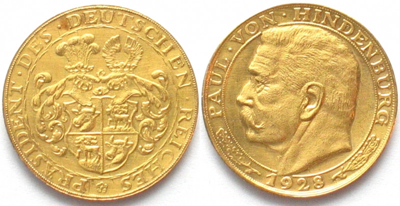 GERMANY. Weimar Republic, Medallic 20 Mark 1928, Paul von Hindenburg, gold, Proo...