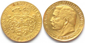GERMANY. Weimar Republic, Medallic 20 Mark 1928, Paul von Hindenburg, gold, Proof