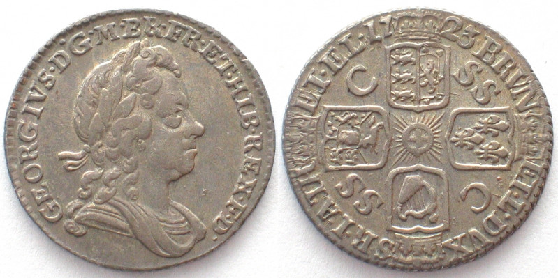 GREAT BRITAIN. 6 Pence 1723 SSC, George I, silver, AU!
KM 553.2, Seaby 3652. SS...