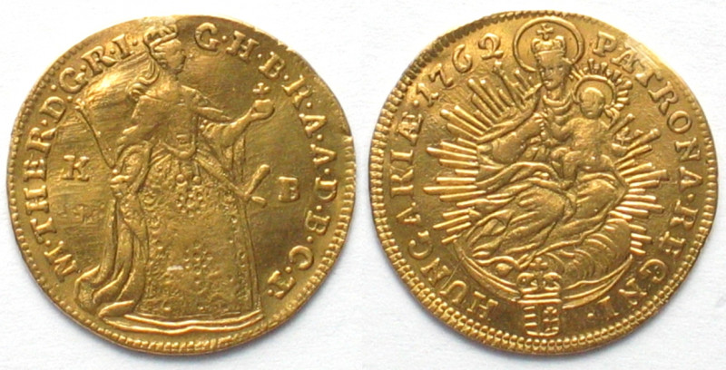 HUNGARY. Ducat 1762 K-B, Kremnitz mint, Madonna, Maria Theresa, gold, XF!
KM 32...