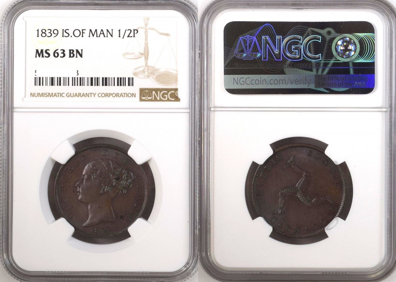 ISLE OF MAN. 1/2 Penny 1839, Victoria, copper, NGC MS 63 BN
KM # 13