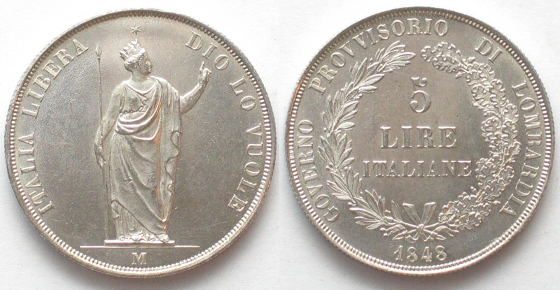 ITALIAN STATES. Lombardy-Venetia, Provisional Government, 5 Lire 1848, silver, U...
