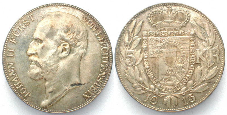 LIECHTENSTEIN. 5 Kronen 1915, John II, silver, BU!
HMZ 2-1376e, Y# 4. In excell...