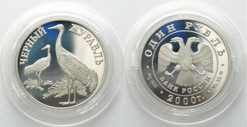 RUSSIA. 1 Rouble 2000, Black-hooded Storck, silver, Proof
Y# 719. Slightly tone...