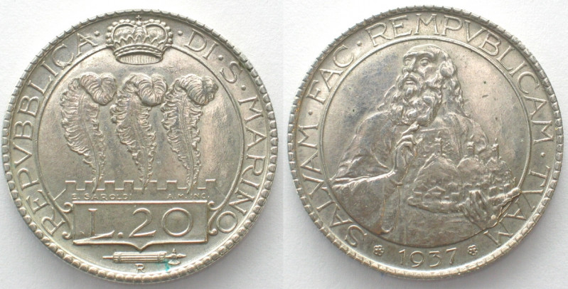 SAN MARINO. 20 Lire 1937, silver, AU/UNC
KM # 11a.