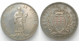 SAN MARINO. 5 Lire 1898 R, silver, UNC-!