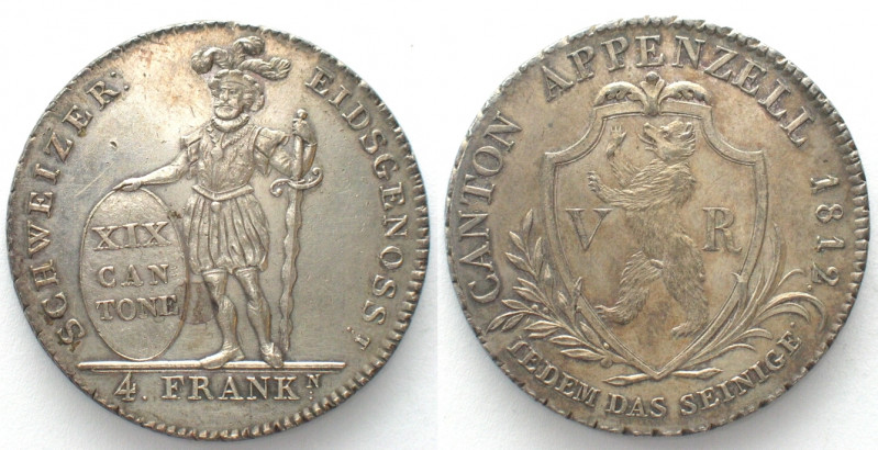 SWISS CANTONS. Appenzell-Ausserrhoden, 4 Francs 1812, silver, AU!
HMZ 2-28a, KM...