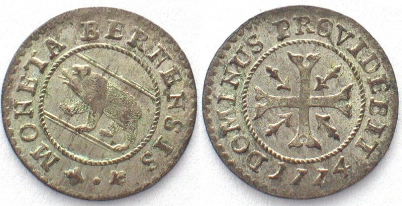 SWISS CANTONS. Bern, 1/2 Kreuzer 1774, billon, UNC, rare variety!
HMZ 2-226p. "...