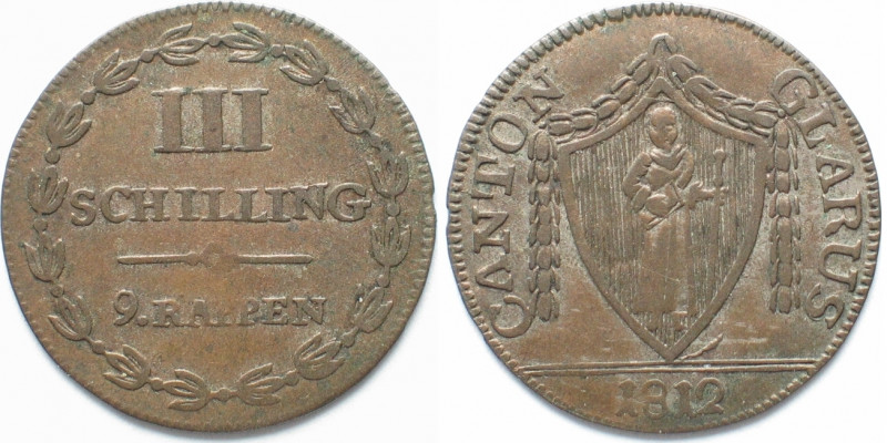 SWISS CANTONS. Glarus. 3 Schilling 1812, billon, VF+
HMZ 2-373f.