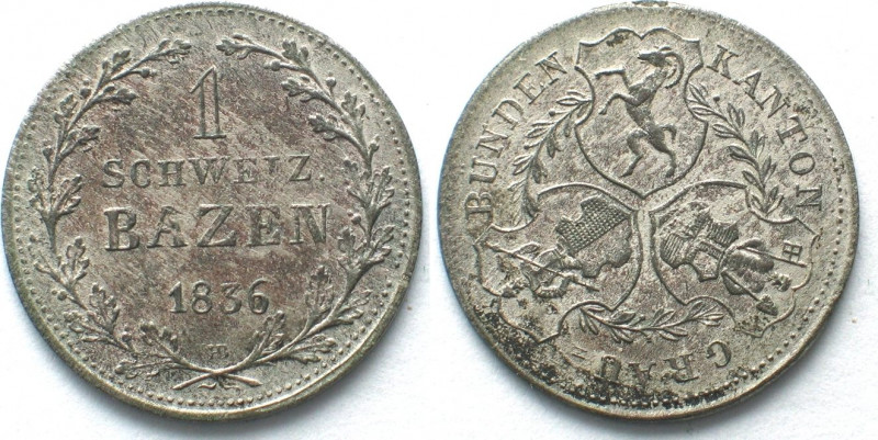 SWISS CANTONS. Graubünden, 1 Batzen 1836 HB, billon, UNC!
HMZ 2-605e, KM # 14.