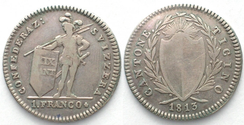 SWISS CANTONS. Ticino, 1 Franco 1813, no mintmark, silver, VF-, Rare!
HMZ 2-925...