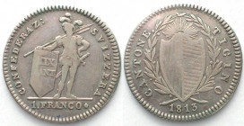 SWISS CANTONS. Ticino, 1 Franco 1813, no mintmark, silver, VF-, Rare!