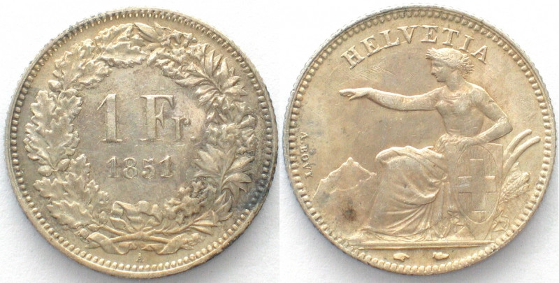 SWITZERLAND. 1 Franc 1851 A, Seated Helvetia, silver, AU!
HMZ 2-1203b.