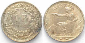 SWITZERLAND. 1 Franc 1851 A, Seated Helvetia, silver, AU!