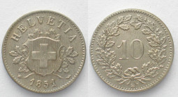 SWITZERLAND. 10 Rappen 1851 BB, billon, AU!