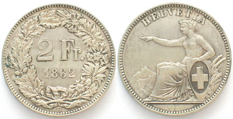 SWITZERLAND. 2 Francs 1862 B, Seated Helvetia, silver UNC-
HMZ 2-1201d. Hairlin...