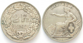 SWITZERLAND. 2 Francs 1862 B, Seated Helvetia, silver UNC-