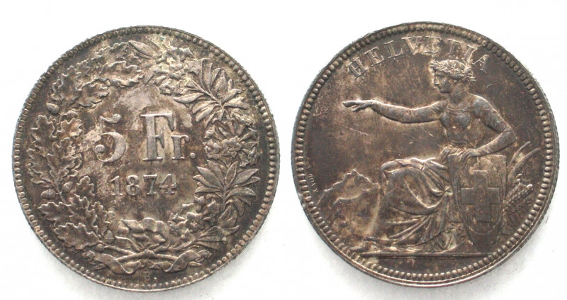 SWITZERLAND. 5 Francs 1874 B., Seated Helvetia, silver, UNC-
HMZ 2-1197e. Dark ...
