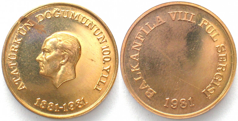 TURKEY. 1981 Atatürk Centennial Balkanfila Stamp Exhibition Gold Medal . Extreme...