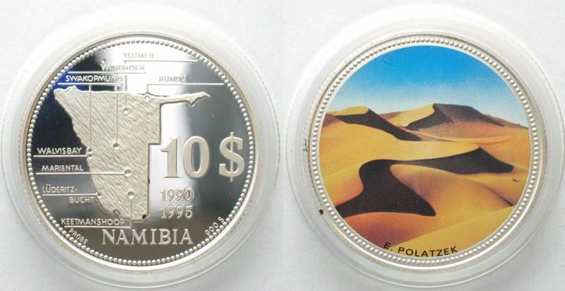 NAMIBIA. Pattern 10 Dollars 1995, 5th Anniversary of Independence, silver, color...