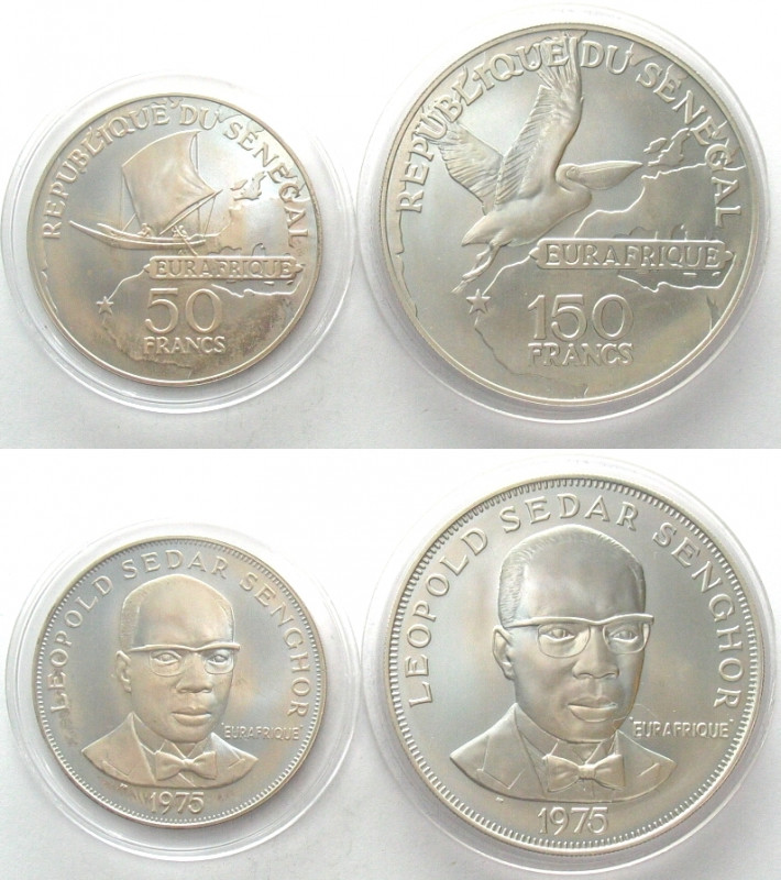 SENEGAL. 50 and 150 Francs 1975, Leopold Sedar Senghor, Eurafrique program, silv...