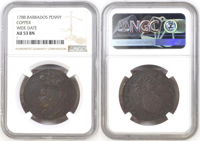 BARBADOS. 1788 Wide Date Pineapple Penny, NGC AU 53 BN 
Pridmore 13, KM # Tn8.