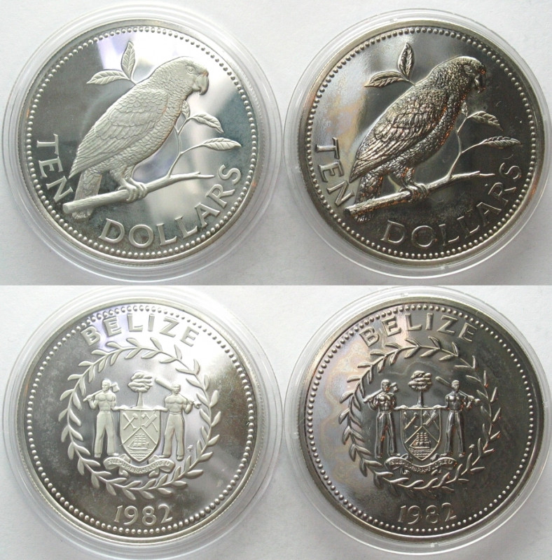 BELIZE. 10 Dollars 1982 FM, Amazon Parrot, Cu-Ni Prooflike and silver Proof (2)....