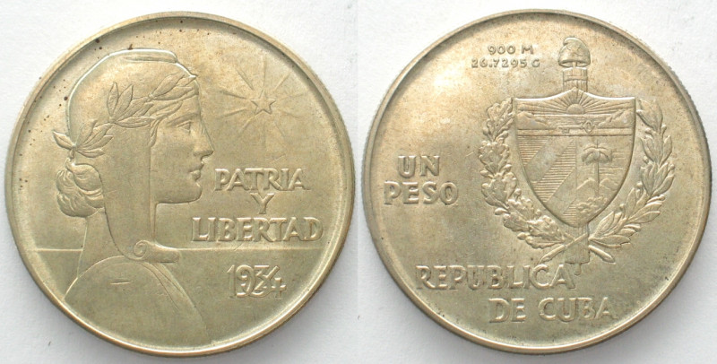CUBA. 1 Peso 1934, silver, UNC-!
KM # 22. Rare in this condition!