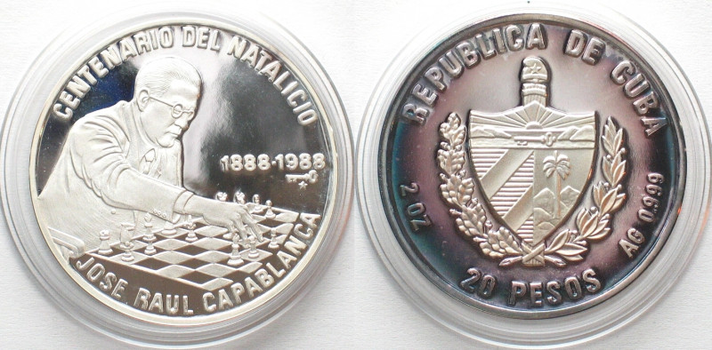 CUBA. 20 Pesos 1988, Chess, 100th Birthday of Jose Raul Capablanca, silver, 2 oz...