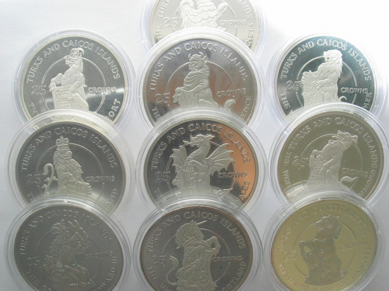 TURKS AND CAICOS. Complete Set 25 Crowns 1978, The Queen's Beasts, silver, Proof...