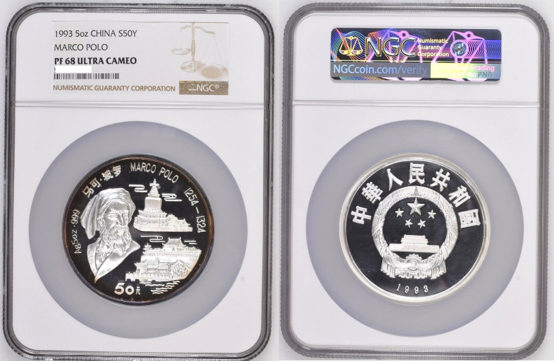 CHINA. 50 Yuan 1993, Marco Polo, silver, 5 oz, NGC PF 68 UC.
Y # 394. High grad...