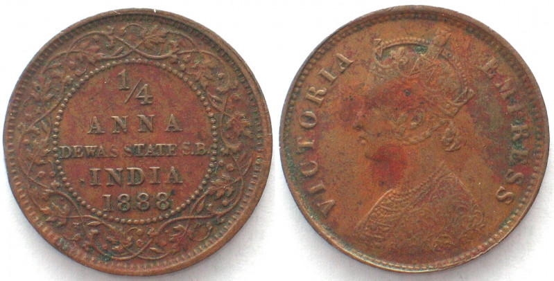 INDIA. Dewas, Senior Branch, 1/4 Anna 1888, Narayo Rao, Victoria, copper, AU!
K...