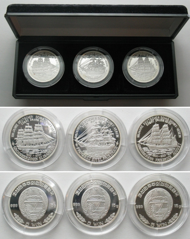 NORTH KOREA. Set 100th Anniversary of German Schoolship Society, 5 Won 2000, sil...