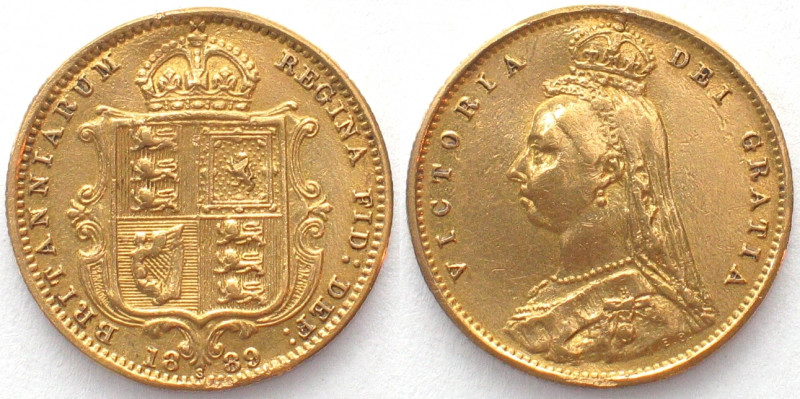 AUSTRALIA. 1/2 Sovereign 1889 S, Sydney mint, Victoria, gold. Scarce!
KM # 9.