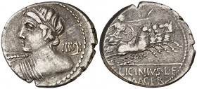 (hacia 84 a.C.). Gens Licinia. Denario. (Bab. 16) (Craw. 354/1). 3,81 g. MBC.
