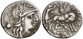 (hacia 137 a.C.). Gens Pompeia. Denario. (Bab. 1) (Craw. 235/1a). 3,89 g. Oxidación en anverso. (MBC).