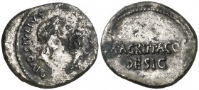 (38 a.C.). Octavio Augusto. Denario forrado. (Spink 1542) (S. 5, como Julio César y Augusto) (Craw. 534/2). 2,99 g. Oxidaciones. Rara. MBC-/MBC.